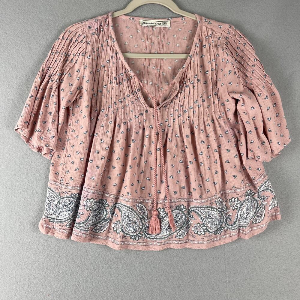 Abercrombie Fitch Cropped Top Womens XS Pink Floral Paisley Boho Peasant Fairy